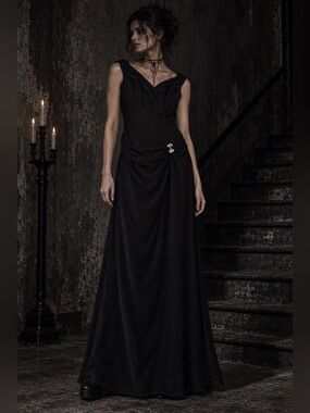 Vintage Saison Blanche Black Formal Maxi Dress Rhinestone Draped Gown Size 10
